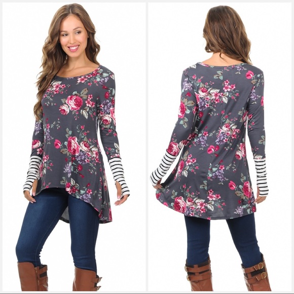 Des Feli Tops - Floral Long Sleeve High-Low Top